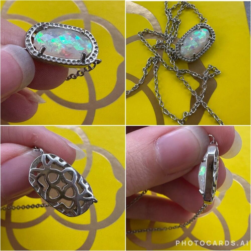 NWT Kendra Scott Elisa White Kyocera Lab Grown Opal Silver Pendant Necklace - Picture 9 of 15